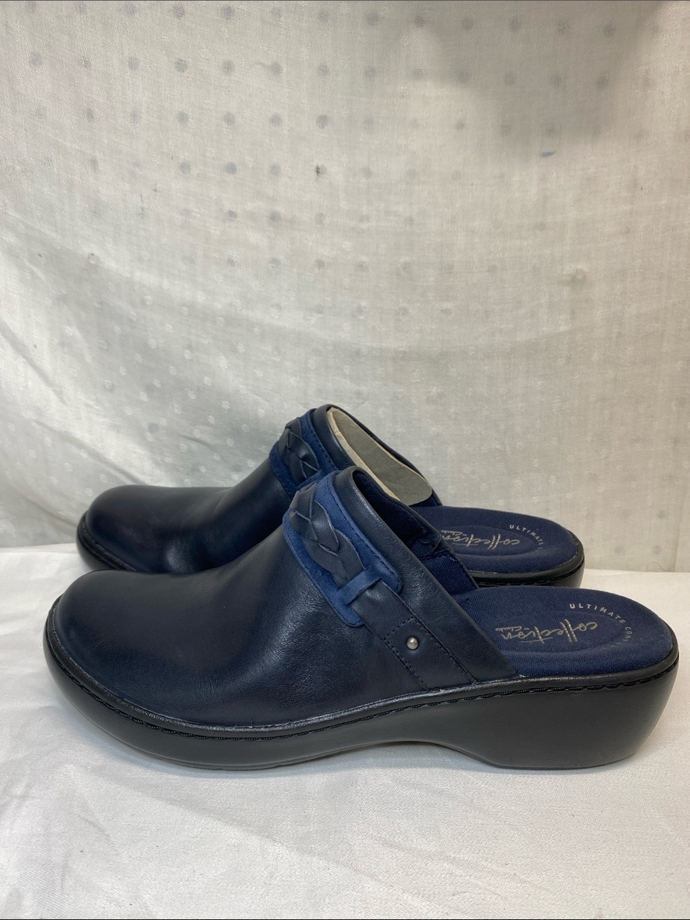 Clarks Delana Abbey Navy Blue Leather Slip-On Mule Clogs Braided Accent 9.5M